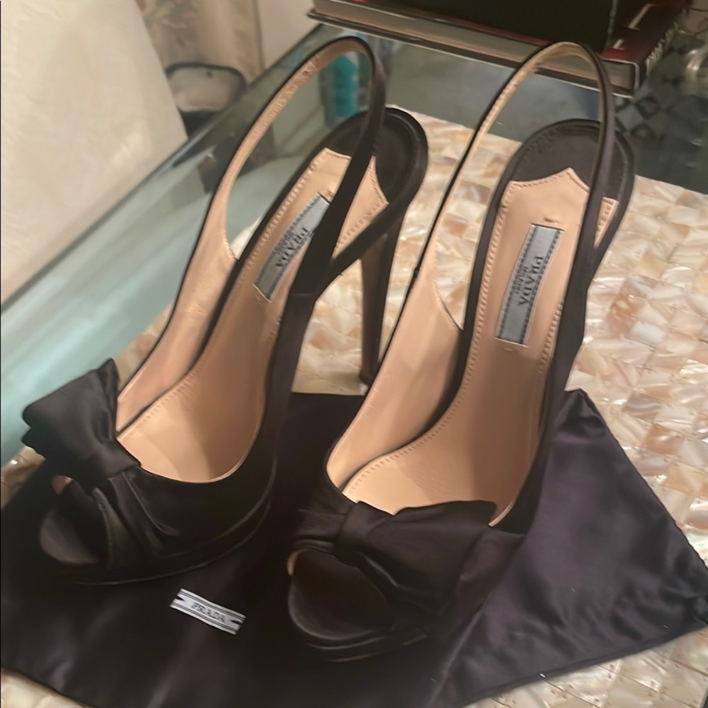 Prada Black Heels with Open-Toe Slingback Design